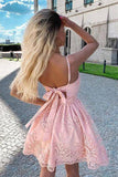 A-line V Neck Lace Short Homecoming Dress Pink Graduation Dress,WD045