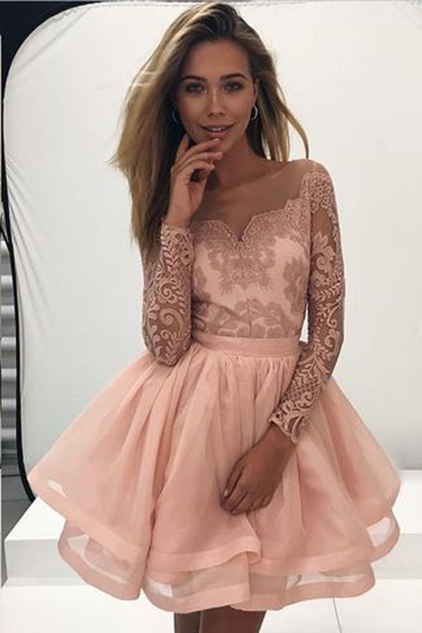 A Line Long Sleeve Tulle Homecoming Dress Lace Party Dress,WD149