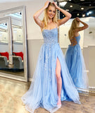 Sky Blue A-line Cross Back Long Prom Dress With Lace Appliques,WP231