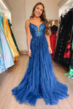 Shiny Blue Tulle Formal Prom Dress With Sequins,WQ116