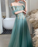 Off The Shoulder Green Tulle With Gold Lace Appliqued Prom Dresses,WP370