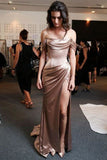 Sheath Champagne Satin Ruched Long Prom Dress With Slit,WP141