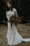 Vintage Mermaid Long Sleeve Lace Wedding Dress Rustic Bridal Dress ,WW137