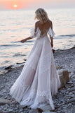 Open Shoulder Boho Wedding Dresses Lace Beach Wedding Dresses,WW059