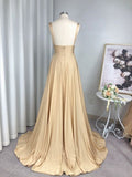 Simple Champagne A-line V-neck Bridesmaid Dresses Split Long Prom Dresses,WB013