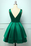 V Neck Green Satin Homecoming Dress,Sleeveless Short Prom Dress,WD019