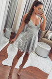 Silver Lace Short Homecoming Dress Backless Mini Prom Dress,WD022
