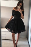 Off The Shoulder Half Sleeve Short Homecoming Dress Black Tulle Graduation Dress,WD035