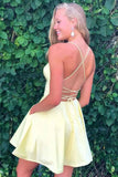 Yellow Satin Spaghetti Straps Homecoming Dress With Pockets,WD070