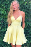 Yellow Satin Spaghetti Straps Homecoming Dress With Pockets,WD070