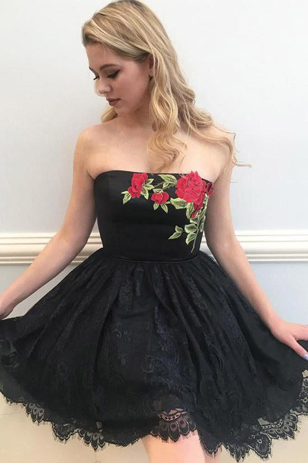 Strapless Lace Homecoming Dress With Floral Embroidery,WD159