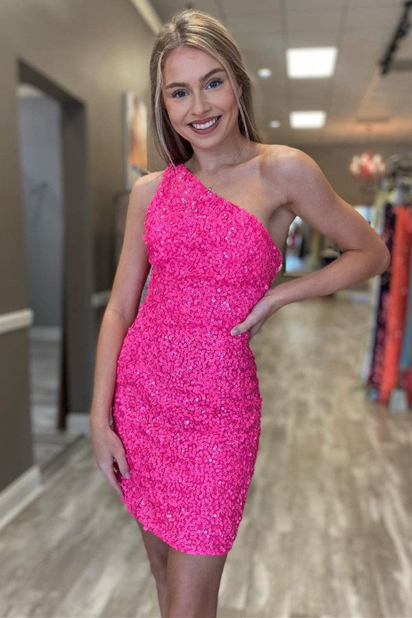 Sparkly One Shoulder Tight Homecoming Dress Sequins Short Prom