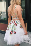 White Lace Homecoming Dress Floral Short Prom Dress,WD140