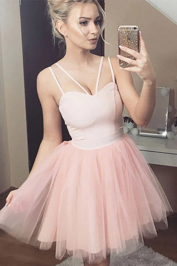 Sweetheart Spaghetti Straps Pink Short Homecoming Dress A-line Graduation Dress,WD174