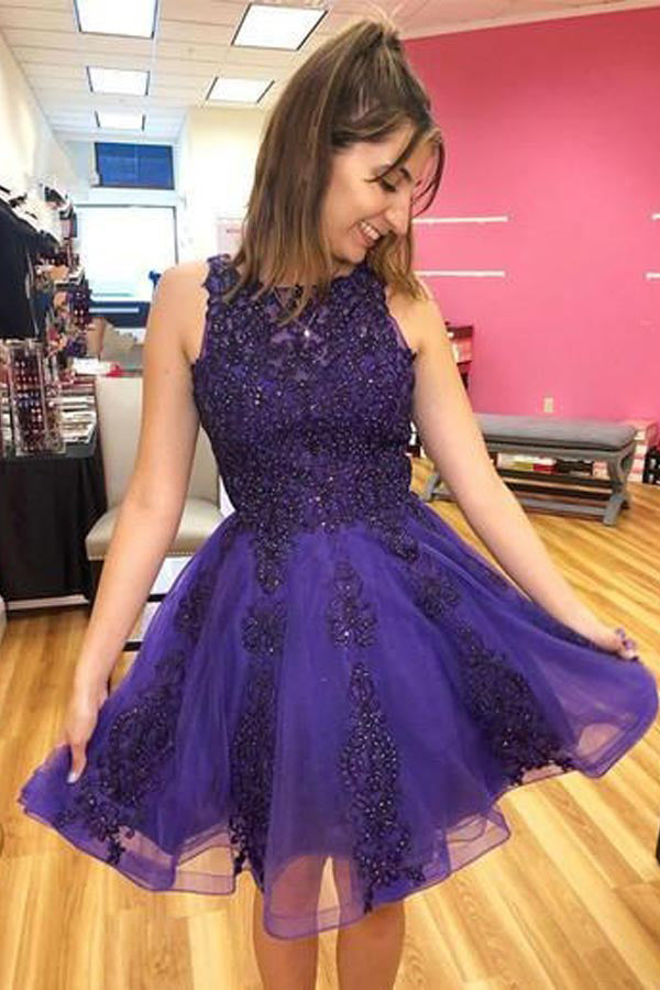 Purple Tulle A-line Short Homecoming Dress With Lace Appliques,WD178