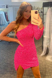 Sparkly Sequins Tight Homecoming Dress One Sleeve Short Prom Dress,WD123
