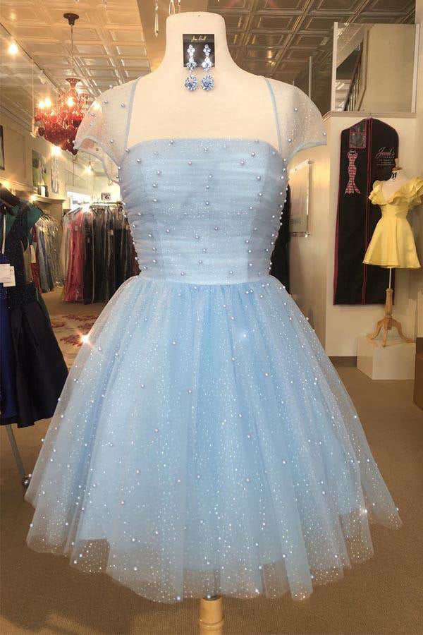 Puffy Sleeve Poofy Homecoming Dresses Short Sparkly Sky Blue Cap