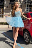 Sparkly Sky Blue Sequins Tulle Homecoming Dresses,Straps Party Dresses WD215