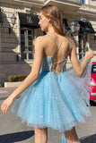 Sparkly Sky Blue Sequins Tulle Homecoming Dresses,Straps Party Dresses WD215
