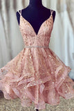 Sparkly A Line Beaded Pink Short Homecoming Dress Sequins Cocktail Dress,WD253