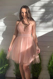 Pink Tulle A-line Halter Short Homecoming Dress,Backless Graduation Dress,WD265