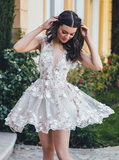 V Neck Lace Homecoming Dress Floral Short Prom Dress,WD139