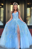V Neck Sky Blue Tulle Lace  Prom Dress With Beading,WP003