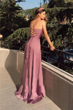 V Neck Rose Pink Satin Split Long Prom Dress,WP005