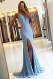 Spaghetti Straps Light Blue Satin Prom Dress Split Evening Dress,WP027