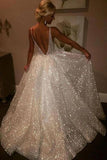 Sparkly Tulle V Neck  Long Prom Dress Backless Wedding Dress,WP046
