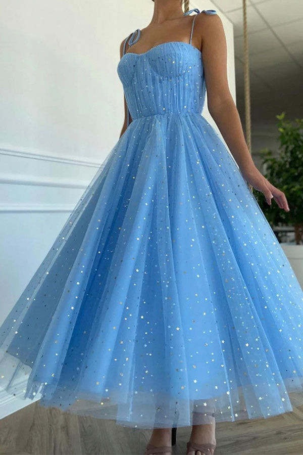 Sparkly A-line Tea Length Blue Tulle Prom Dress Graduation Dress,WP051