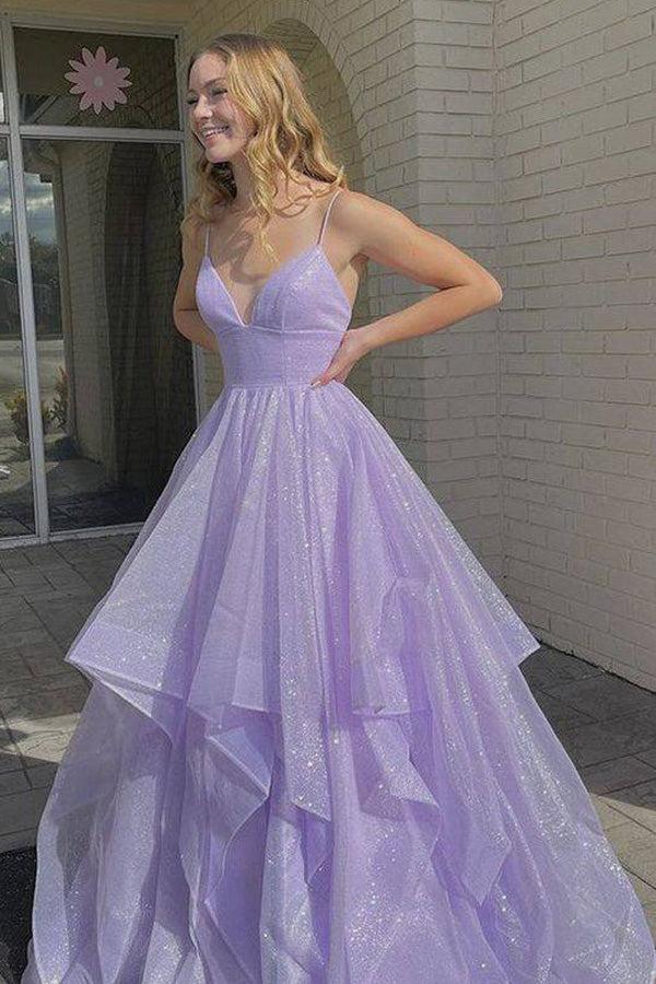 Puffy Lavender V Neck Long Prom Dress Shiny Backless Evening Dress,WP060Puffy Lavender V Neck Long Prom Dress Shiny Backless Evening Dress,WP060