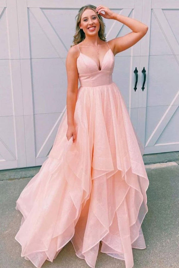 Puffy Lavender V Neck Long Prom Dress Shiny Backless Evening Dress,WP060
