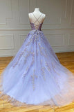 Purple Tulle Cross Back Long Prom Dress With Lace Appliques,WP067
