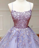 Purple Tulle Cross Back Long Prom Dress With Lace Appliques,WP067