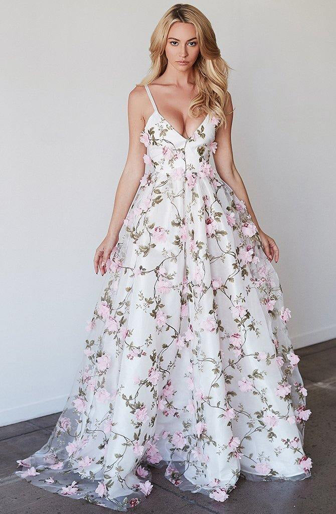 Princess 3D Floral Prom Dress V-neck Evening Dress,WP071