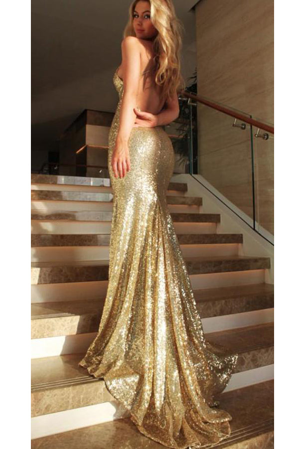 Mermaid Sequins Long Prom Dress Sexy Backless Evening Dress,WP076