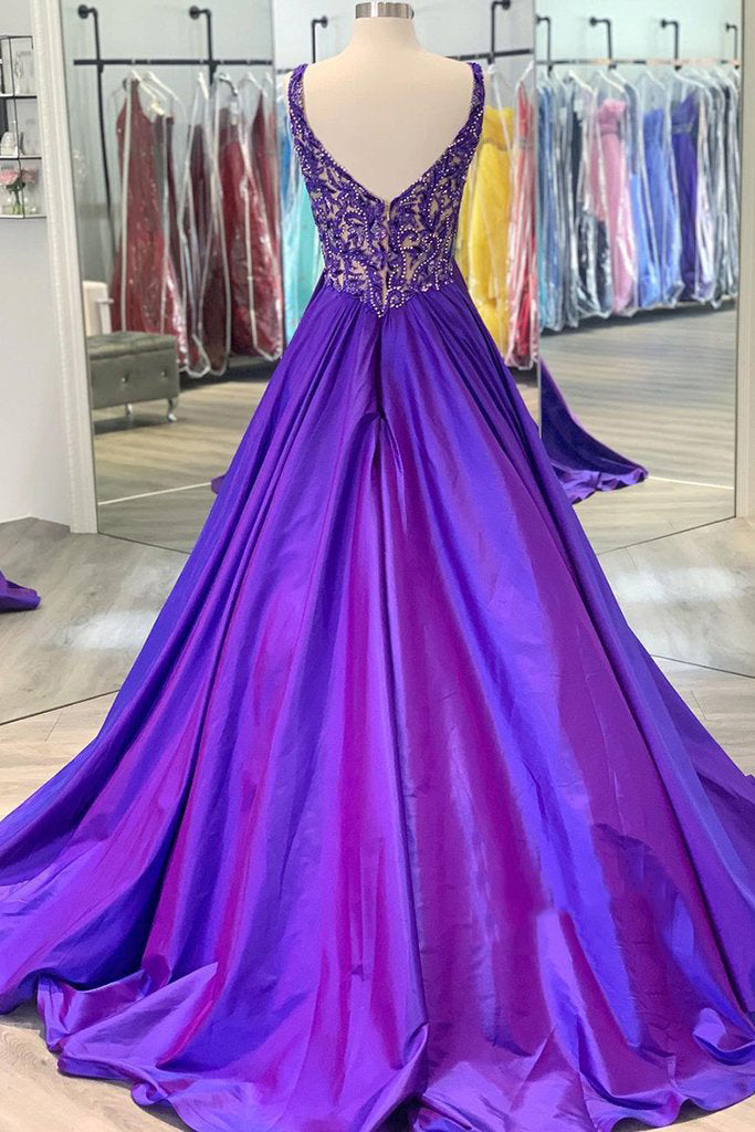 New Arrival Purple Satin Beading Prom Dress Long Evening Dress,WP088