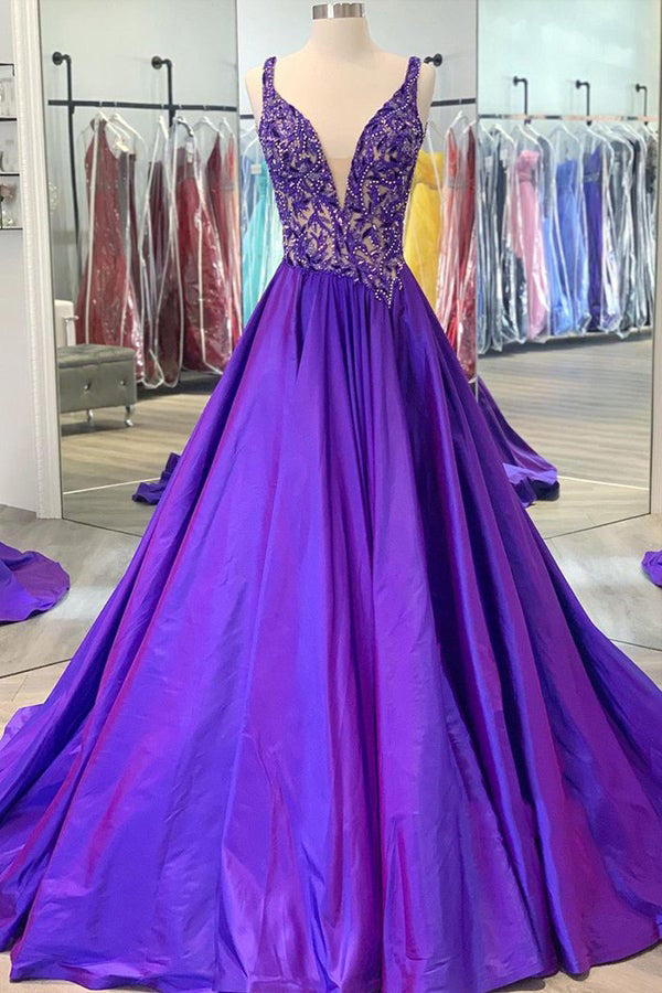 New Arrival Purple Satin Beading Prom Dress Long Evening Dress,WP088