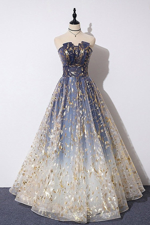 Unique Strapless Ombre Blue Tulle Prom Dress Long Evening Dress,WP090