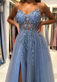 V Neck Blue Tulle Long Prom Dress Beaded Evening Dress,WP109