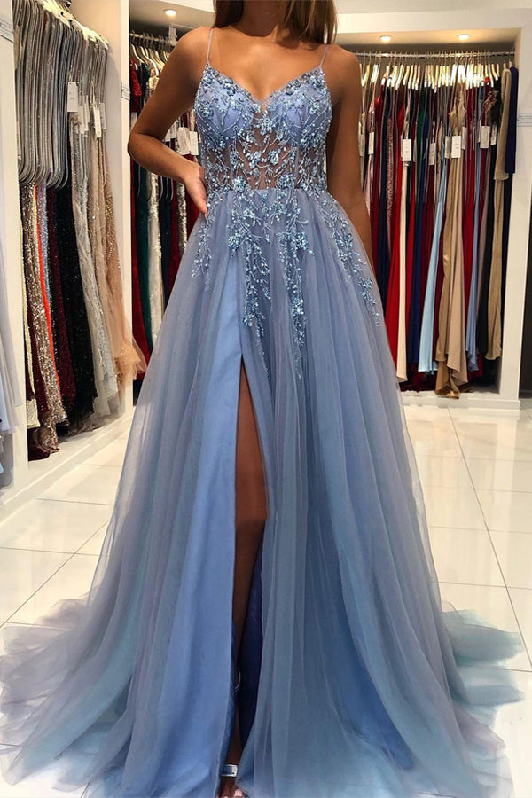 V Neck Blue Tulle Long Prom Dress Beaded Evening Dress,WP109