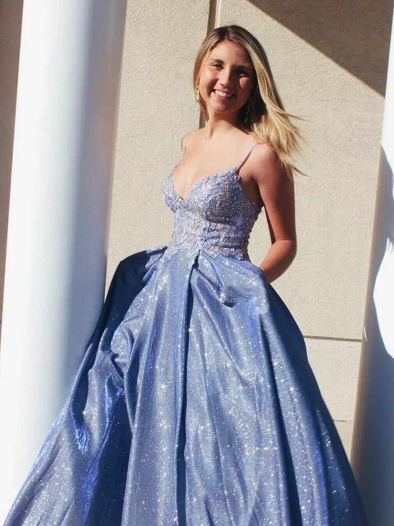 Sparkly A Line Satin Long Prom Dress With Lace Appliques,WP152