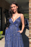 Sparkly Deep V Neck Long Prom Dress High Slit Evening Dress,WP156