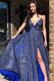 Sparkly Deep V Neck Long Prom Dress High Slit Evening Dress,WP156