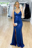 Royal Blue Sequins Long Prom Dress Split Evening Dress,WP179