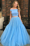 Two Piece Off The Shoulder Light Blue Prom Dress With Beading,WP278
