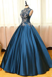 Peacock Blue Satin High Neck Prom Dress With Lace Appliques,WP029