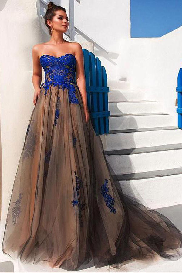 Strapless Tulle Prom Dress With Blue Lace Appliques,WP210