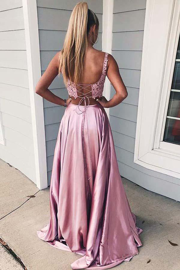 Two Piece Pink Satin Prom Dress With Lace Top,WP220